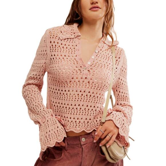 Free People Pointelle Pullover Sweater In Mauve Rose Size L. NEW - Picture 1 of 14